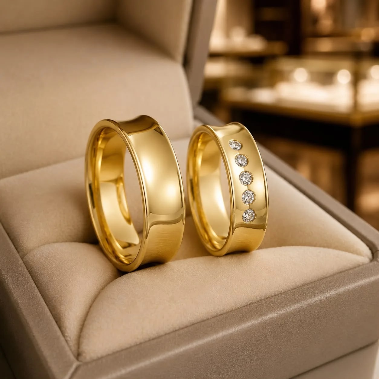 Par de Alianças Côncavas 15 gramas 5 Diamantes em Ouro 18k 750